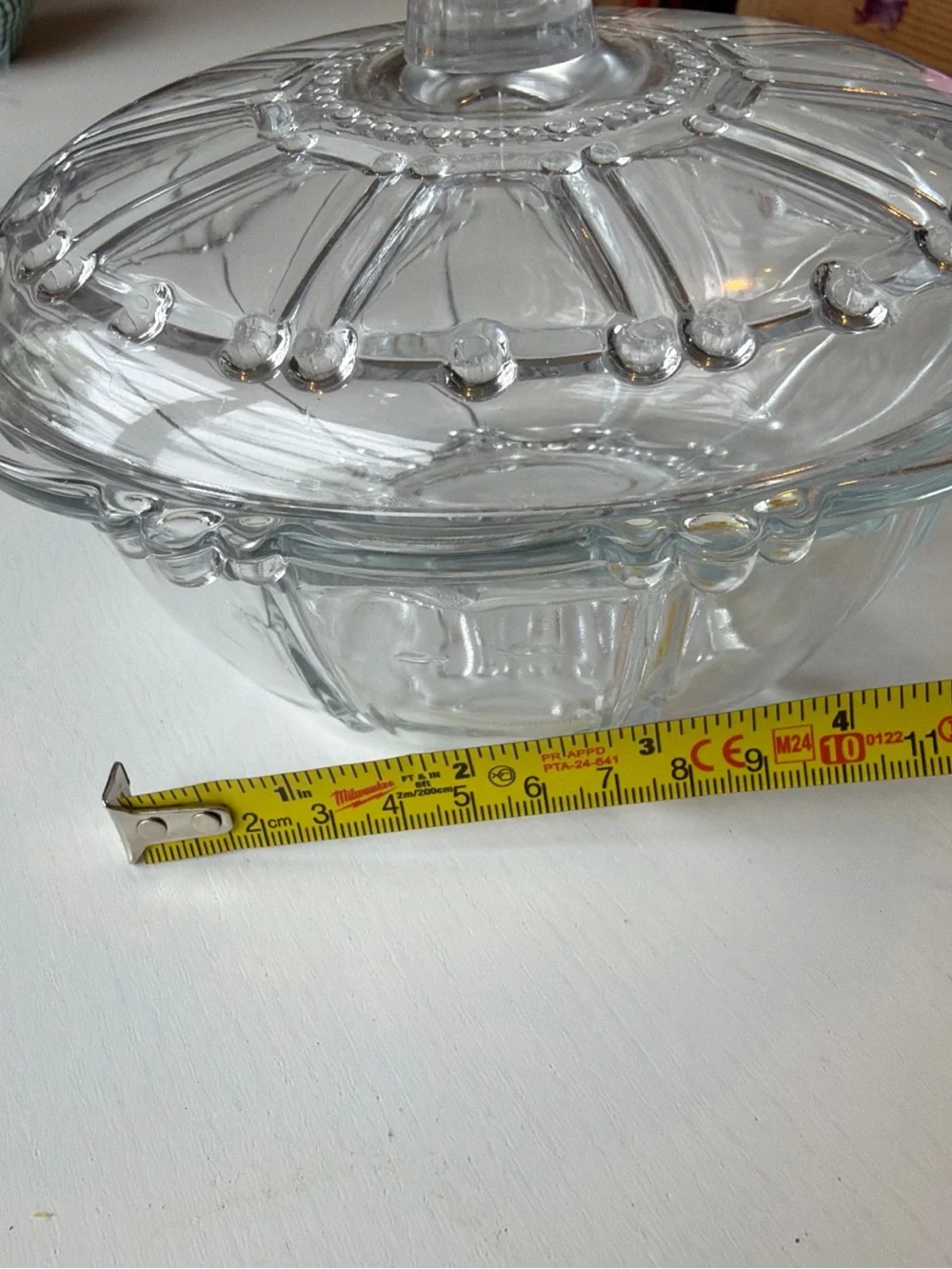 Vintage Clear Glass Covered Candy Dish Trinket Jewelry Bowl Beaded Lid 7”
